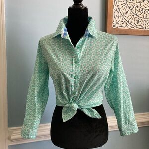 Cape Madras Women's Green & Blue Printed Button-Down Shirt Size Medium Top